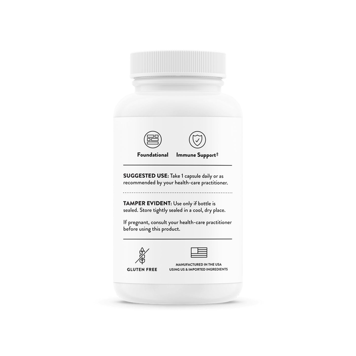 White supplement bottle with label on a white background