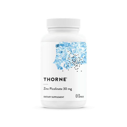 Thorne dietary supplement bottle with blue label on a white background