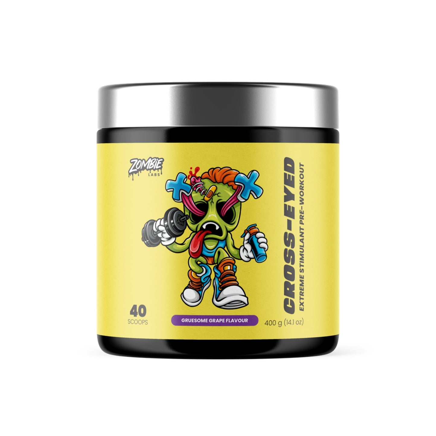 Supplement container with colorful cartoon character on a yellow label