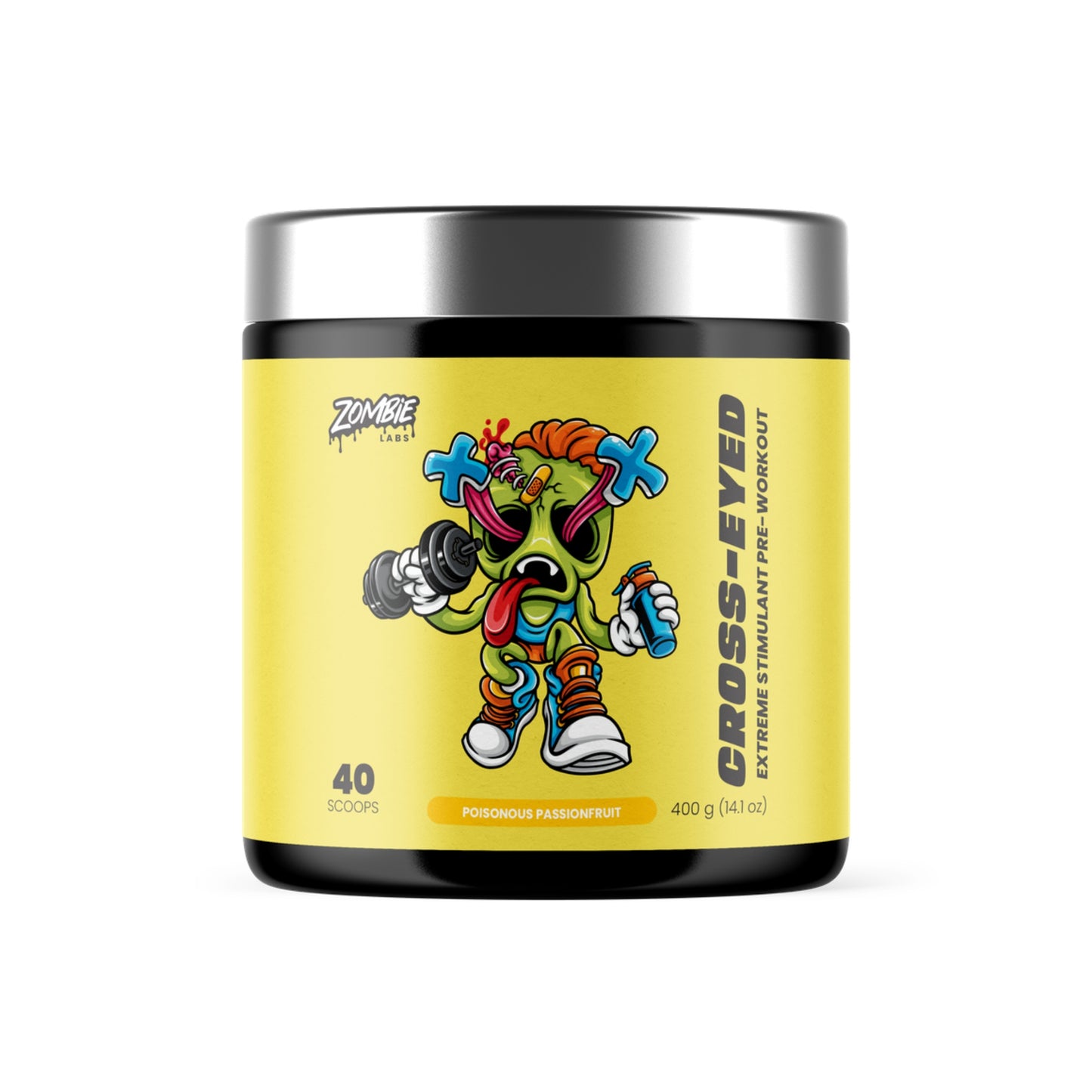 Supplement container with colorful character design on a yellow label
