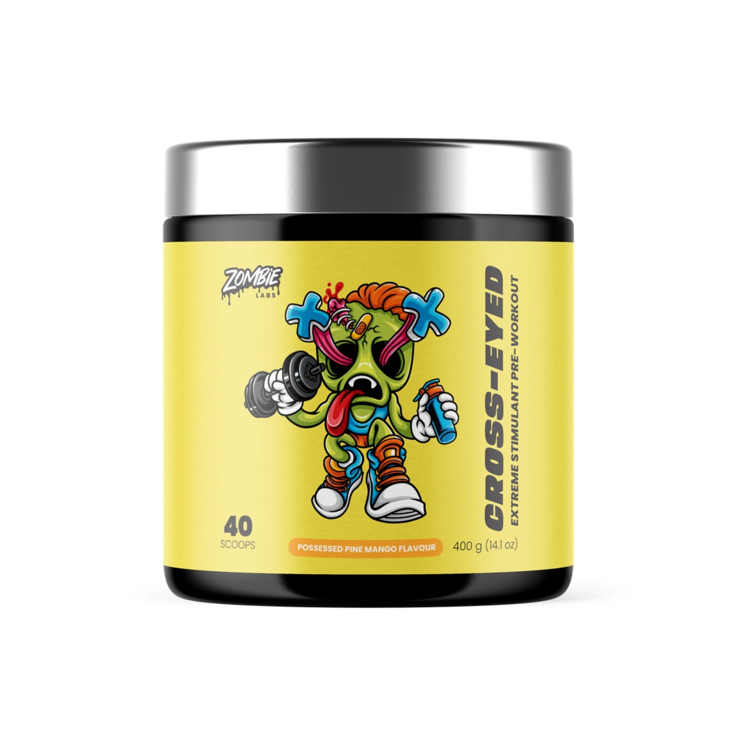 Supplement container with colorful character design on a white background