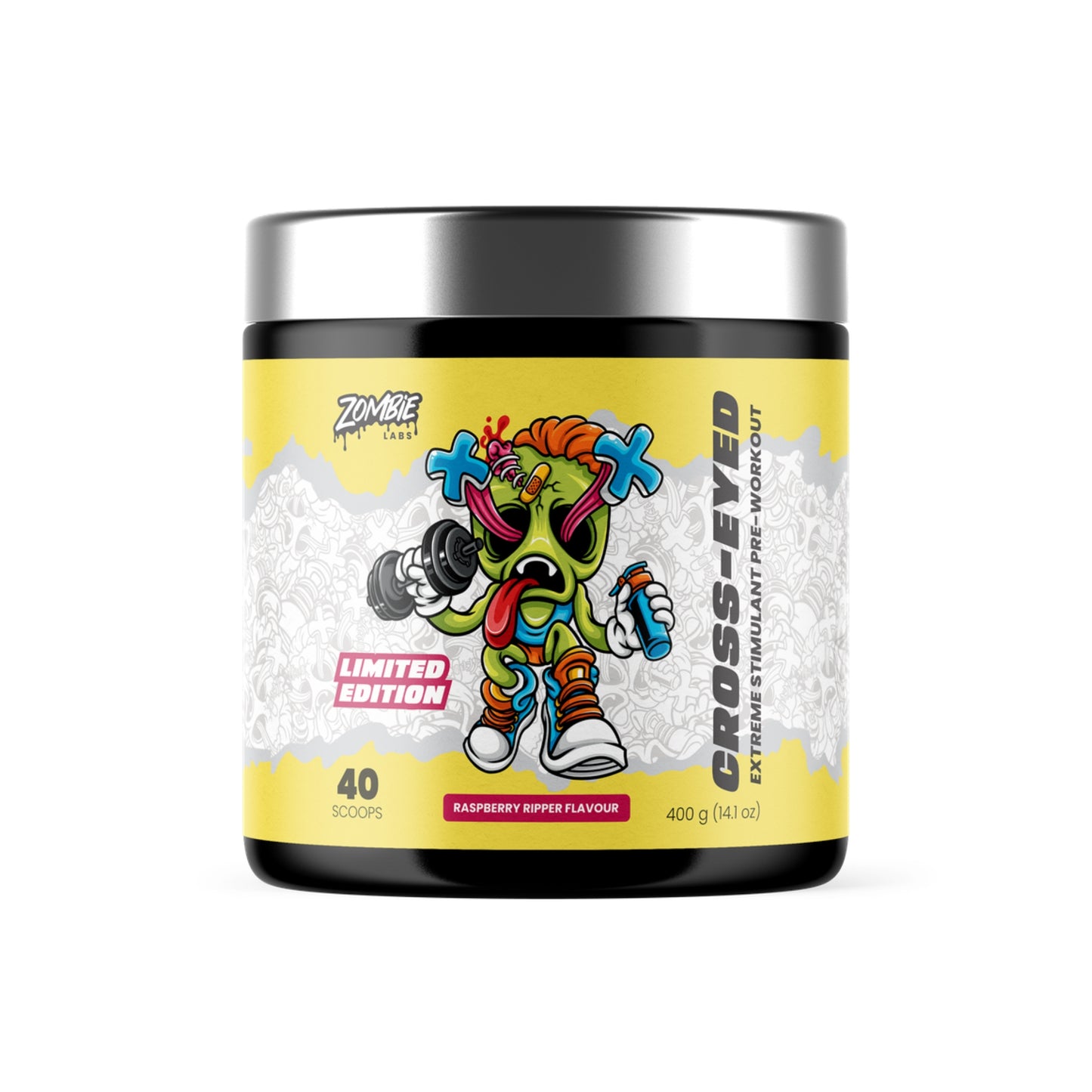 Supplement container with colorful character design on a white background