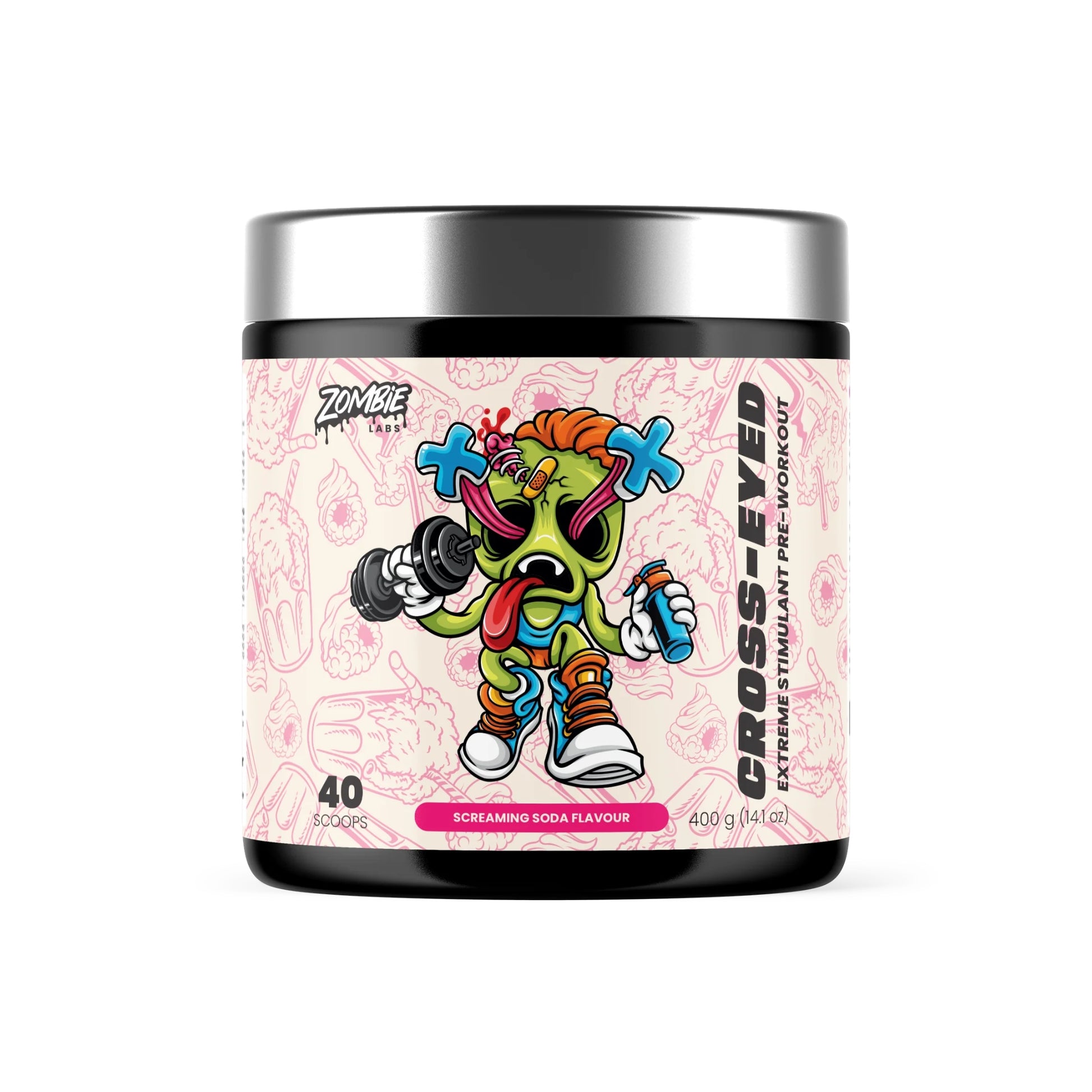 Supplement container with colorful label featuring a cartoon character on a white background
