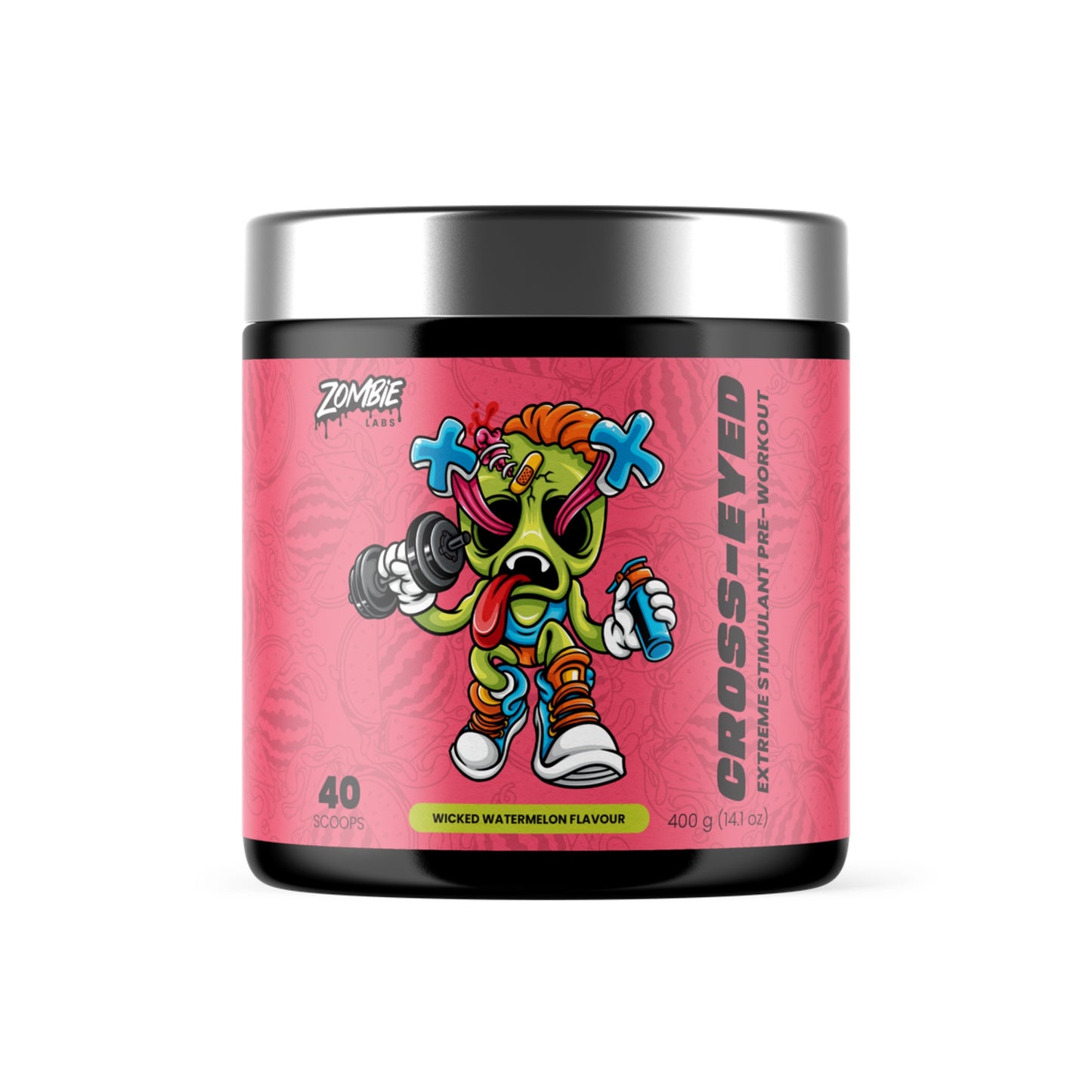 Supplement container with colorful cartoon character on a pink background