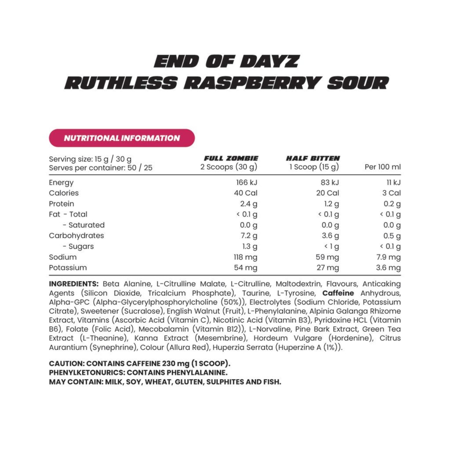 Nutritional information label for End of Dayz Ruthless Raspberry Sour supplement on a white background.