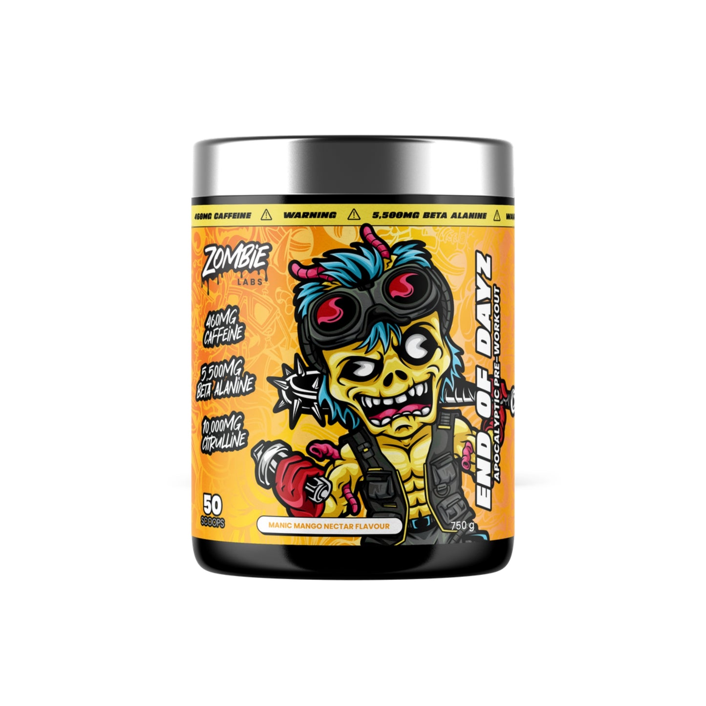 Supplement container with colorful zombie-themed label on a white background