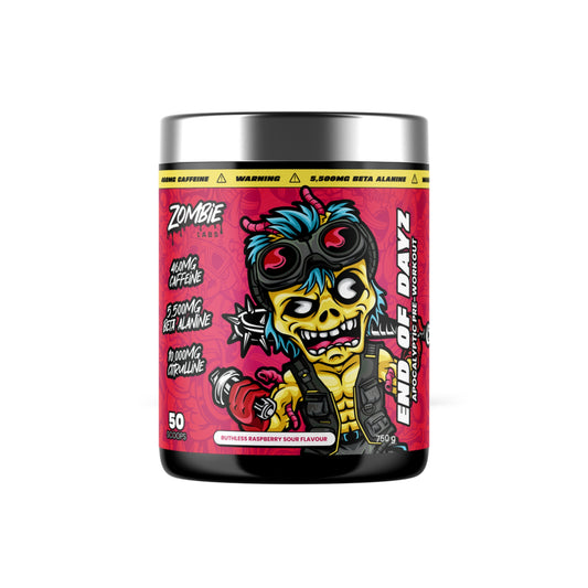 Supplement container with a colorful zombie-themed label on a white background