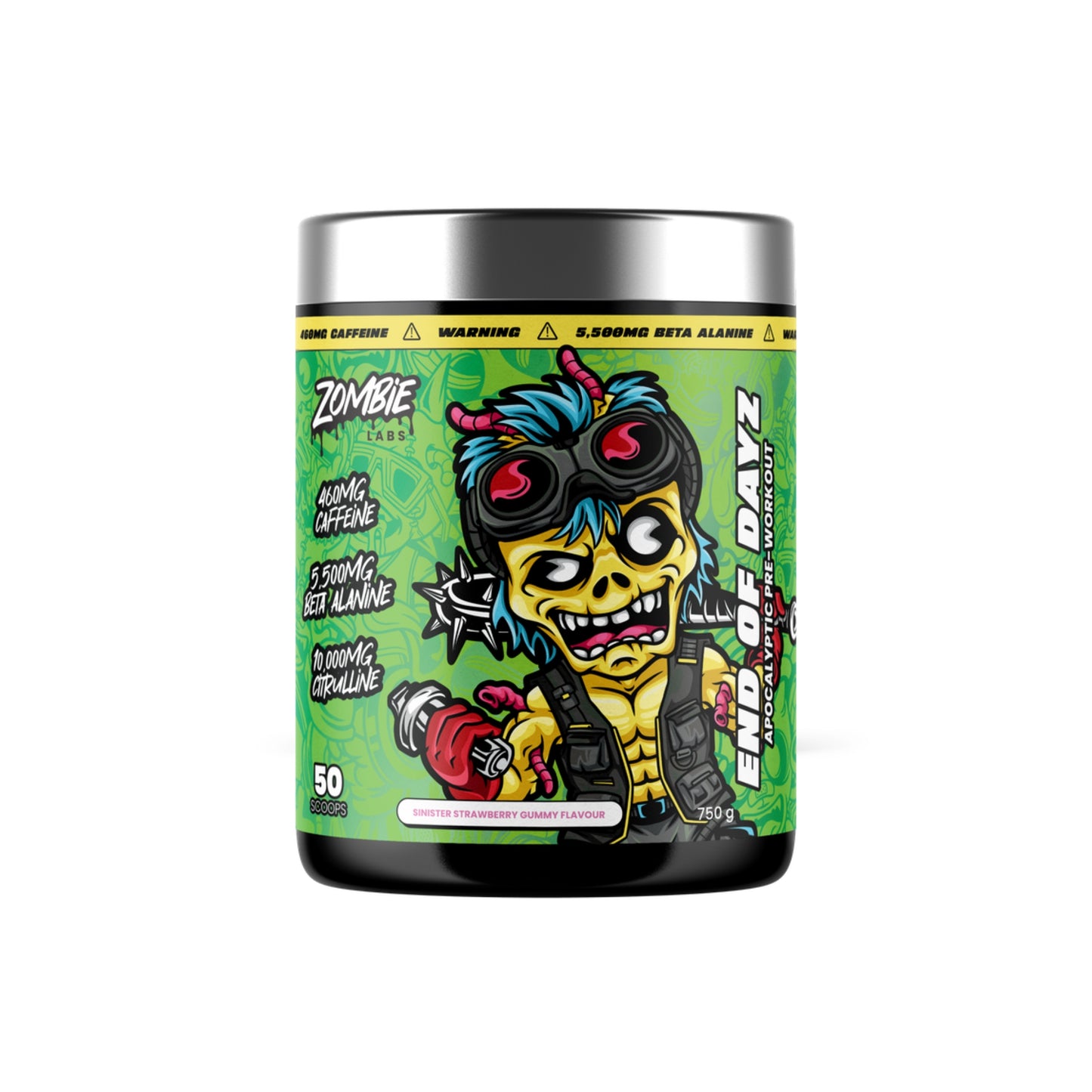 Supplement container with colorful zombie-themed label on a white background
