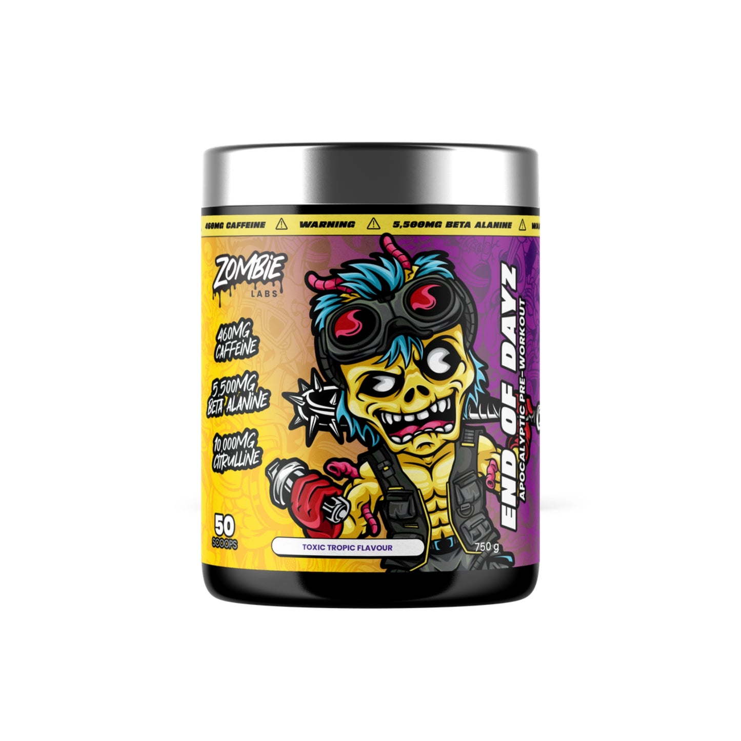 Supplement container with colorful zombie-themed label on a white background