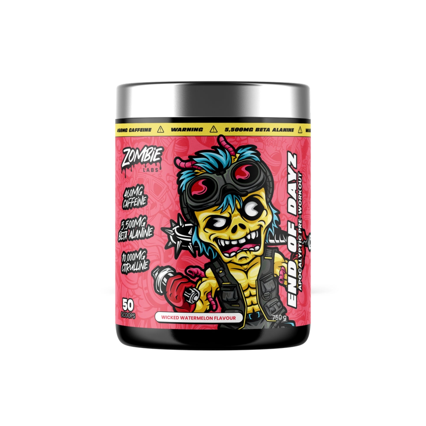 Supplement container with a colorful zombie-themed label on a white background