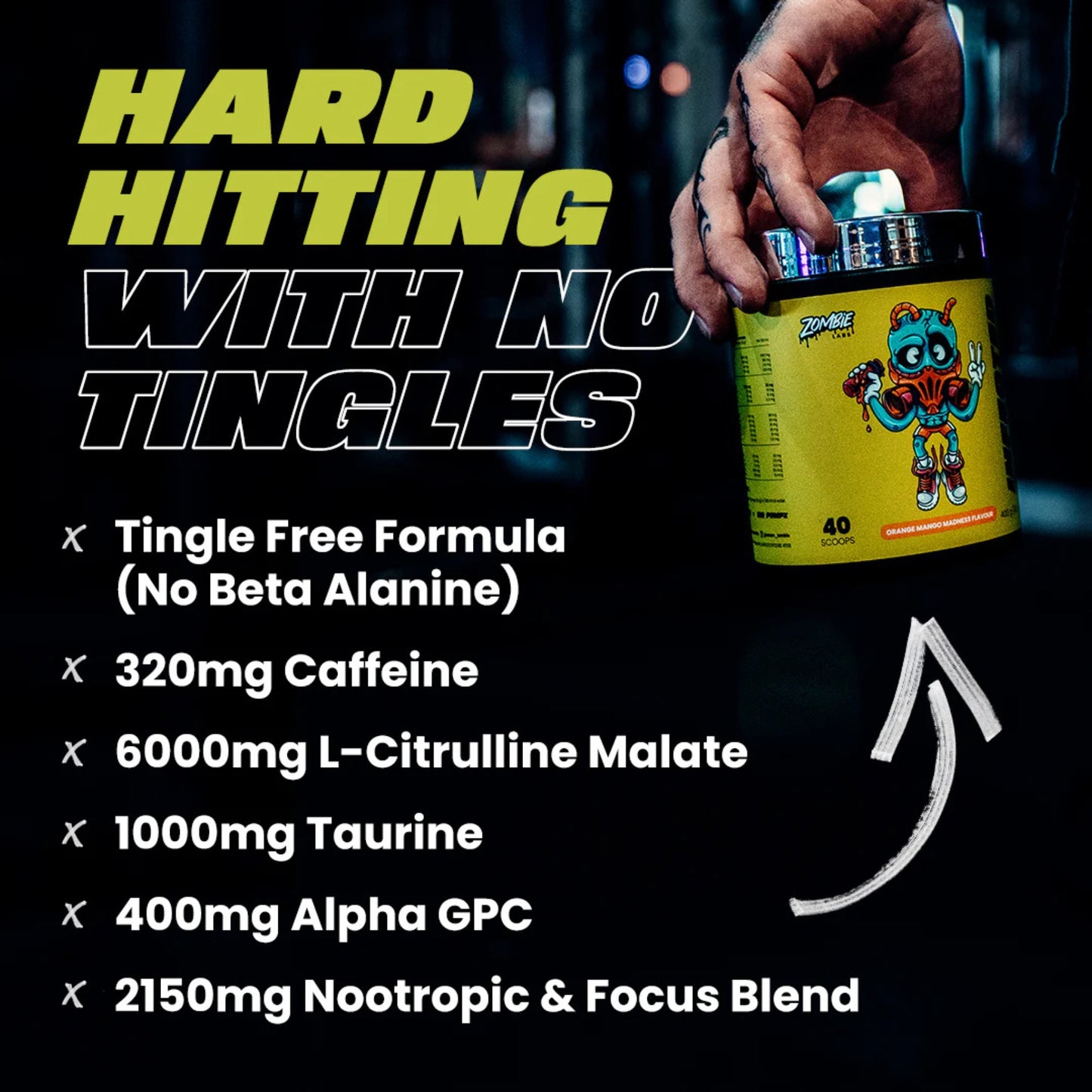 Product container with text highlighting features on a dark background
