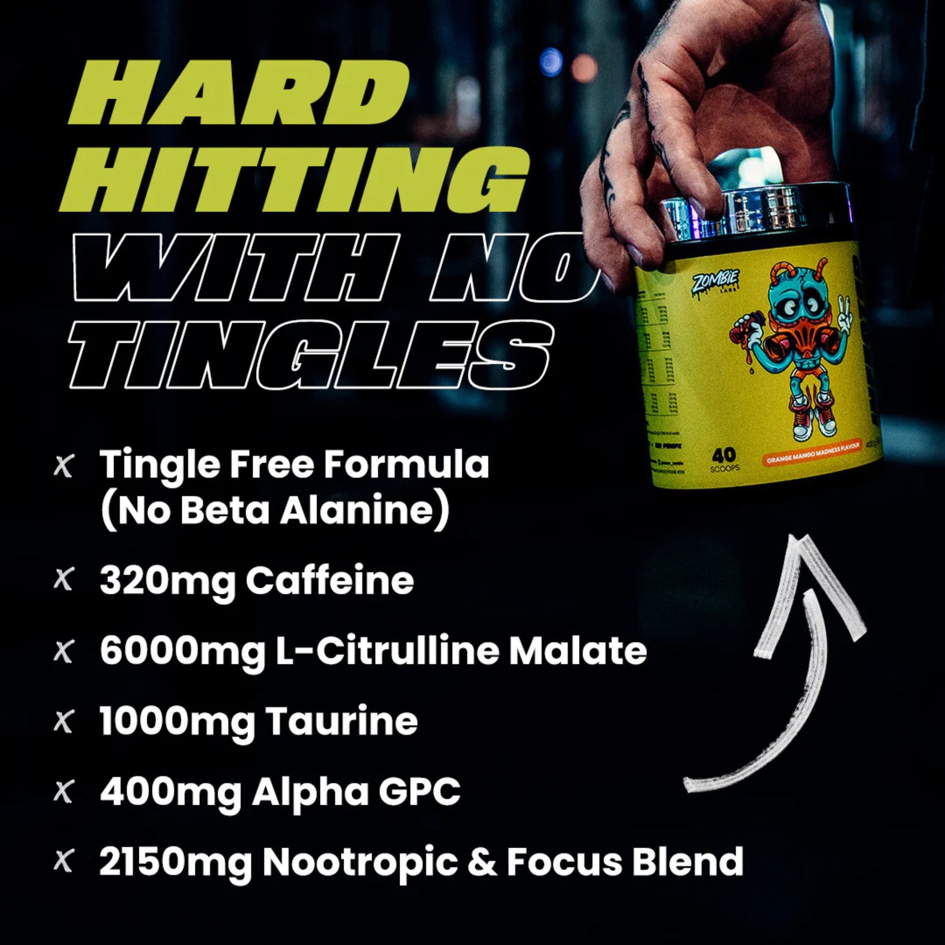 Product container with text highlighting features on a dark background