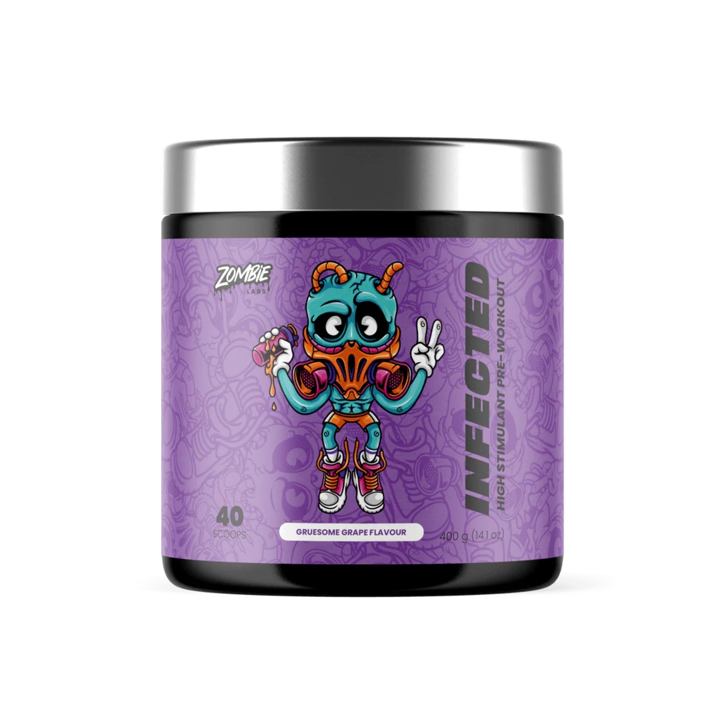 Supplement container with a colorful character on a purple label against a white background