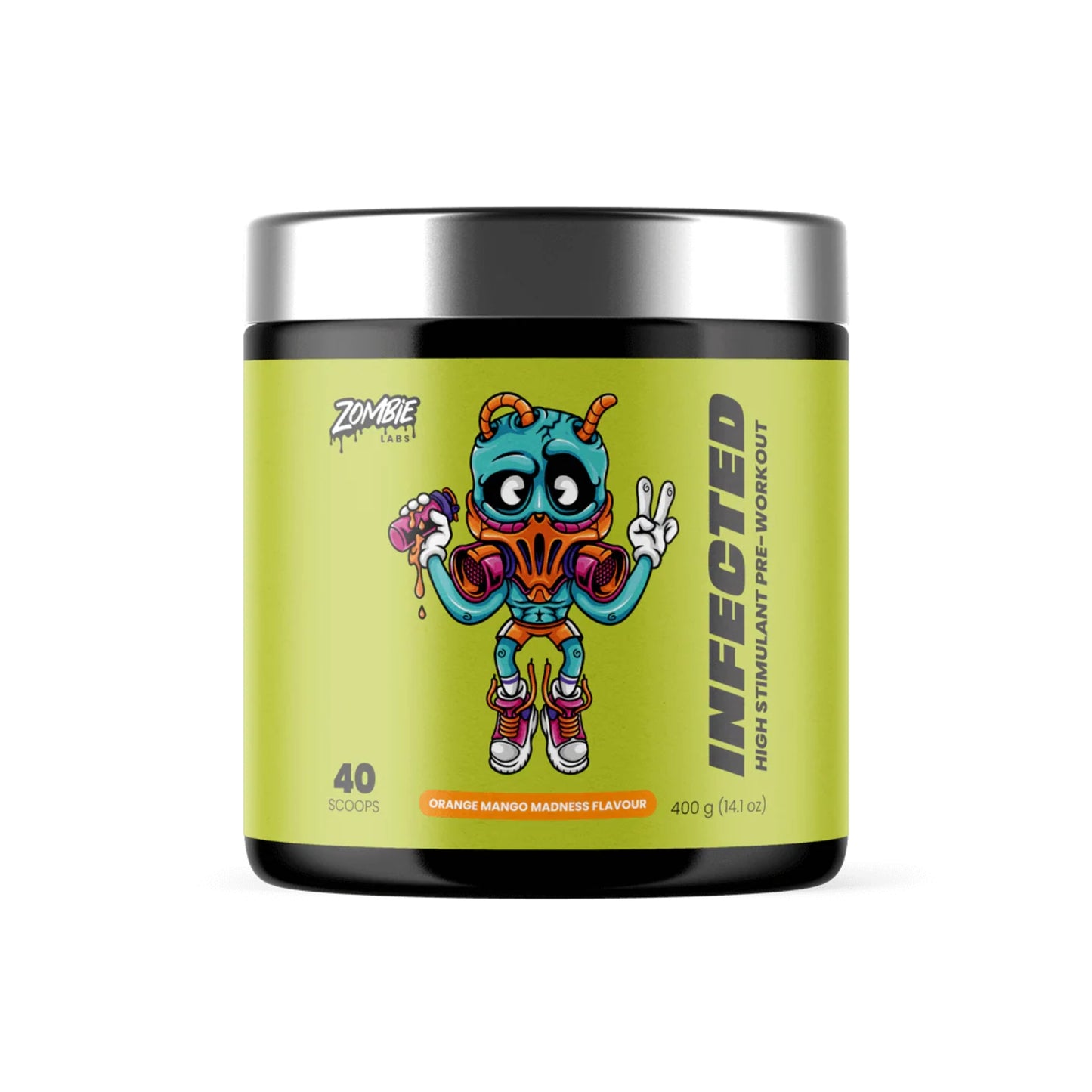 Supplement container with colorful character design on a white background