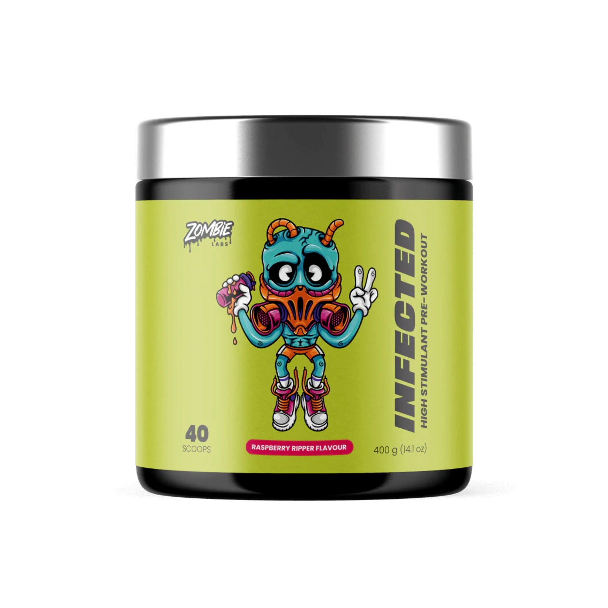 Supplement container with colorful character design on a white background